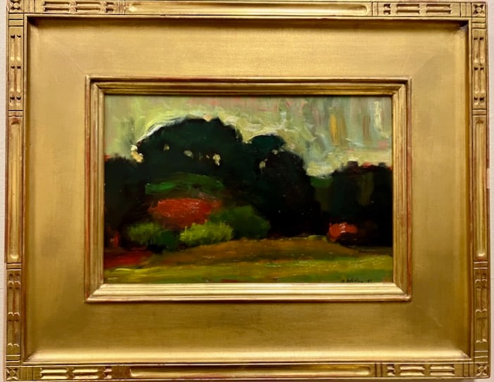 Charming Martha's Vineyard by A. Whiting: Artist: Allen Whiting (American, b. 1946). Title: Autumn Colors, Tisbury, 1997. Oil on wood panel. Signed and dated, lower right. Dimensions: 8" x 12". Housed in gold leaf frame: 15" x 19". Allen Whit