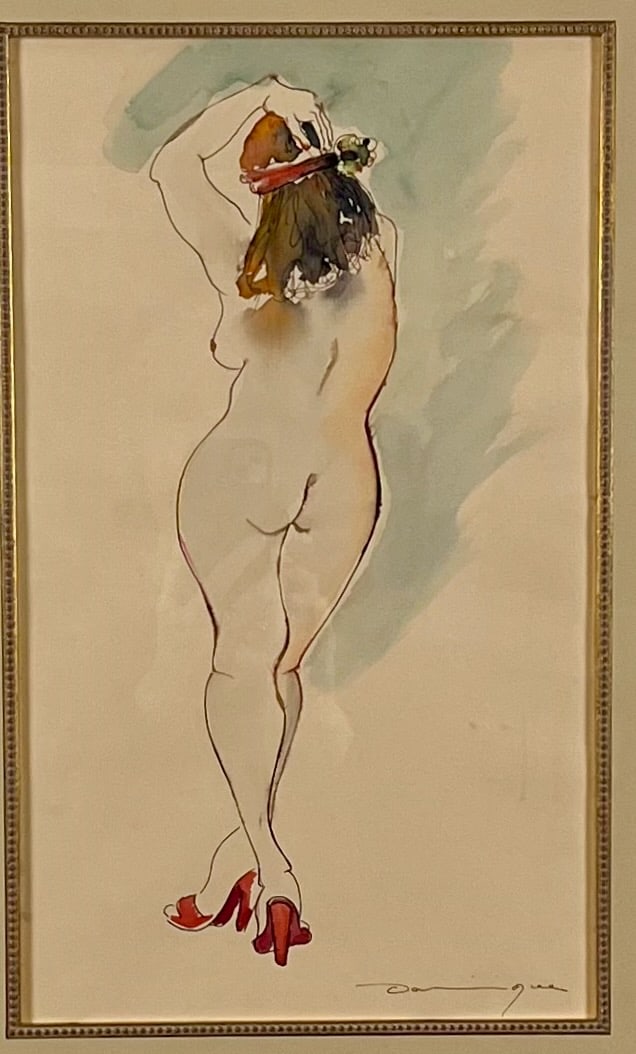 Standing Nude by Dominique Garcia: Artist: Dominique Garcia. Title: Standing Nude. Mixed media (watercolor, pen and ink) drawing on paper. Signed lower right. Dimensions: 16" x 10". Beautifully matted and framed under glass: 25" x 18