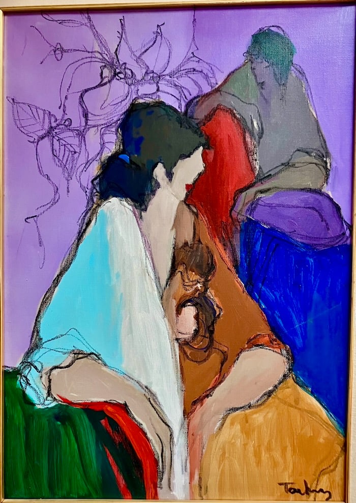 Tarkay's Colorful Women in Conversation: Artist: Izchak (Isaac) Tarkay (Hungarian/Israeli, 1935-2012). Title: Conversation, 1989. Oil on canvas. Signed lower right. Dimensions: 27 1/2" x 19 1/2". Matted and framed: 35" x 27". The Conversatio