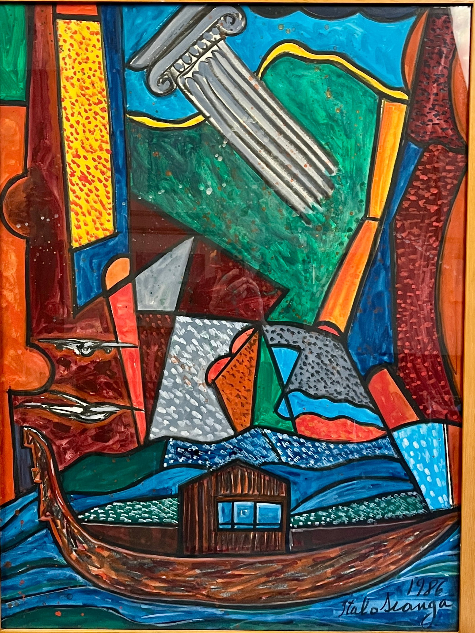 Italian Modernist Artist Italo Scanga: Artist: Italo Scanga (Italian, 1932-2001). Title: Images of Italy, 1986. Medium: gouache and charcoal on paper. Signed and dated, lower right. Dimensions: 40" x 30". Housed in handmade artist framed u