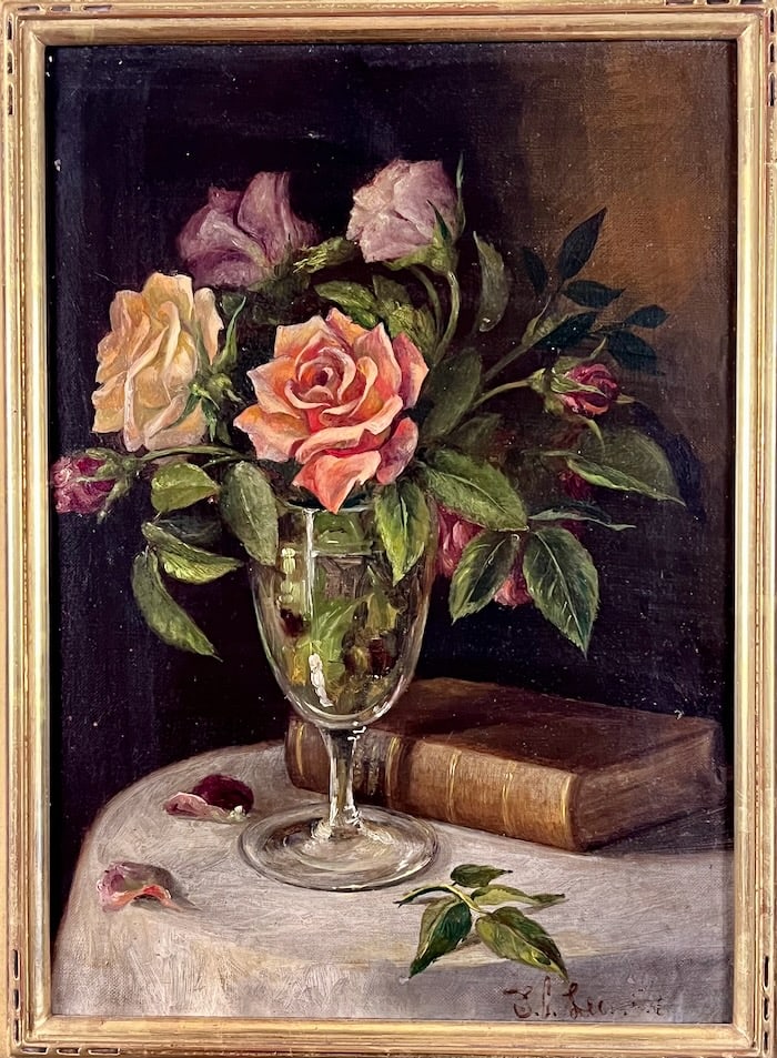 Providence School Master Still Life Artist: Artist: Edward Chalmers Leavitt (American, 1842-1904. Title: Vase of Roses and Book on Table. Oil on canvas. Signed lower right. Dated 'July 1884' on canvas verso. Dimensions: 14" x 10". Framed: 19 3/