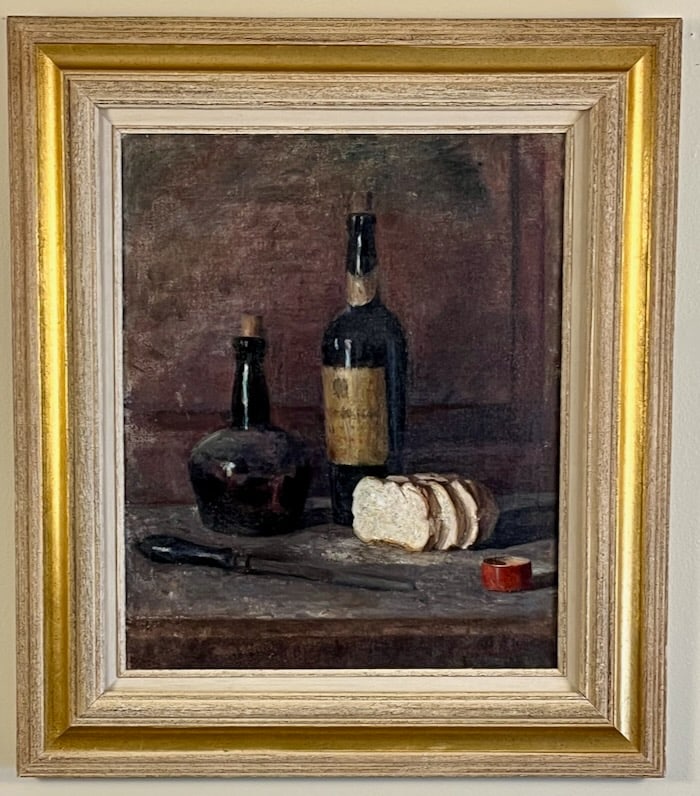 RISD Professor and Still Life Fascination: Artist; Stephen Macomber (American, 1889-1983). Title: Bread and Wine Still Life. Oil on canvas. Signed lower right. Title on label verso. Dimensions: 22" x 18" Framed: 31" x 27". From the estate of a