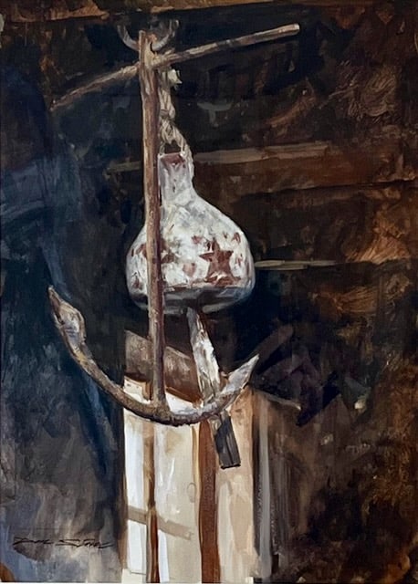 North Shore Painter of Coastal Life: Artist: Don Stone (American, 1929-2015). Title: Anchor and Bell. Watercolor on paper. Signed lower left. Dimensions: 14 1/2" x 11". Matted and framed under glass: 22" x 16". Though born in Iowa, Don S