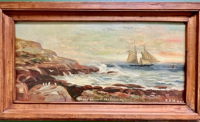 Bangor Maine Sailing Ship: Artist: E. K. Mason (American, 19th C). Title: American Schooner Nancy of Bangor Maine, 1880. Oil on canvas. Initialed 'EKM' and dated lower right. Title: lower center. Dimensions: 10" x 20". Framed: 