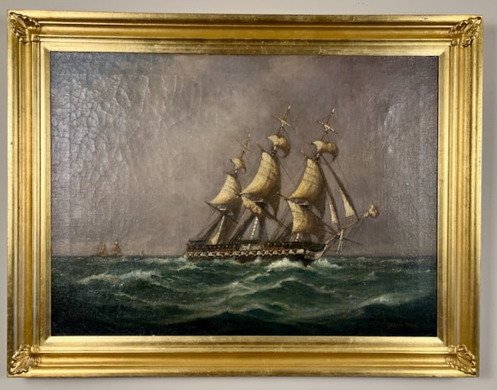 Marine Painting of U.S.S. Constitution: Artist: C. Myron Clark (American, 1858-1925). Title: U.S.S. Constitution. Oil on burlap. Signed lower right. Dimensions: 22" x 30". Housed in metal leaf frame: 27" x 35". The U.S.S. Constitution, know