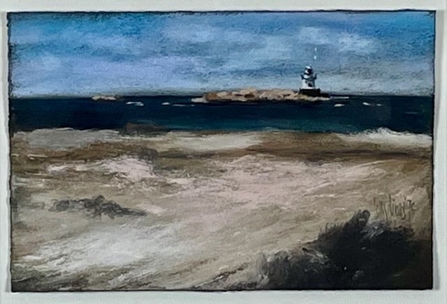 Sakonnet Lighthouse Pastel: Artist: Lee Dimeo (American, 20th C.). Title: Sakonnet Light, 1995. Pastel on paper. Signed and dated lower right. Dimensions: 8" x 12". Beautifully matted and framed under glass: 19" x 22". JRS Fine 
