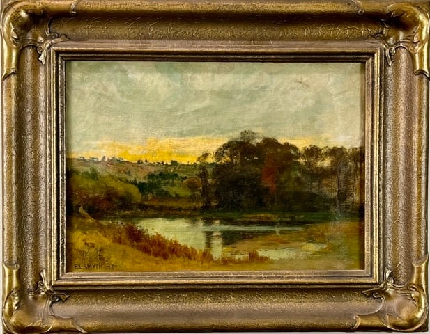 Providence School artist 1893 Landscape: Artist: Eugene Leslie Smyth (American, 1857-1932). Title: On the Pocasset River Near Providence, 1892. Oil on canvas. Signed and dated lower left. Signed and titled on canvas verso. Dimensions: 10" x 