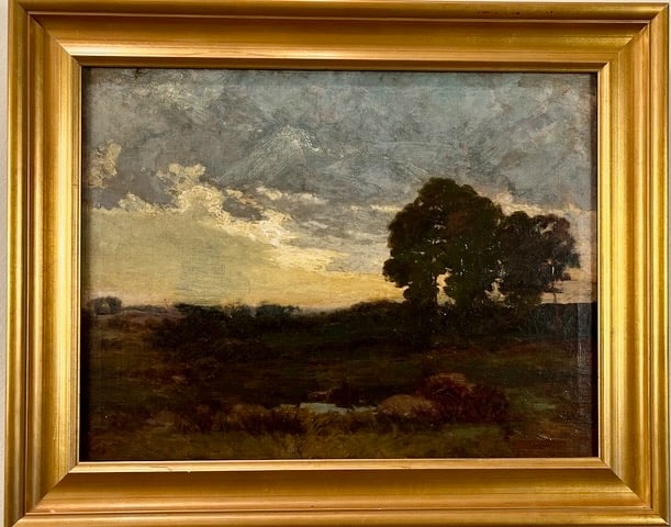 Providence School artist Dramatic Landscape: Artist: Eugene Leslie Smyth (American, 1857-1932). Title: Landscape with Trees. Signed and dated lower right. Dimensions: 12" x 16". Framed: 16 1/2" x 20 1/2".Eugene Leslie Smythe was born in New York