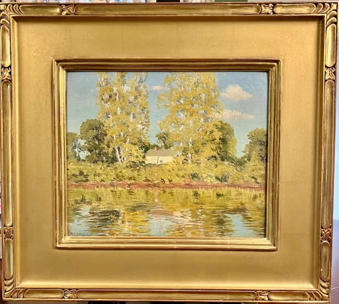 Legendary Rockport artist Antonio Cirino: Artist: Antonio Cirino (American,. 1888-1983). Title: Birches on Pawtuxet River. Oil on board. Signed lower left. Title verso and inscribed " To my friend Judge Francis Henry Hammill" in artist's hand