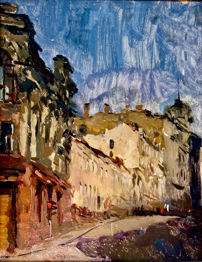 A.C. Goodwin's Boston Streetscape: Artist: Arthur Clifton Goodwin (American, 1864-1929). Title: Boston Streetscape (likely Beacon Hill). Oil on board. Signed lower left. Dimensions: 11" x 14". Framed: 19" x 22". Goodwin’s paintings o
