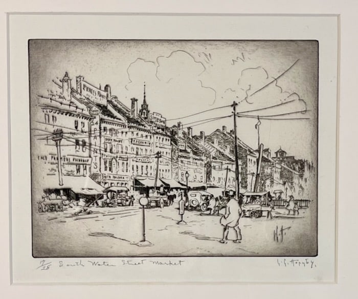 The Providence of Yesteryear: Artist: Lester Hornby (American, 1882-1956). Title: South Water Street Market, 1920s. Etching. Signed in pencil, lower right margin. Title and edition number '17/28', in pencil lower left margin. Dime