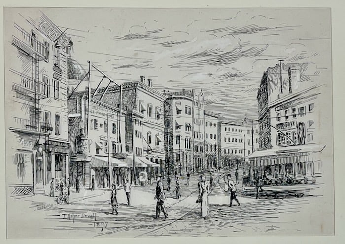 The Providence of the 1890s by F. Usher DeVoll: Artist: Frederick Usher DeVoll (American, 1873-1941). Title: Downtown Providence, 1897. Pen and ink drawings. Signed and dated lower left. Dimensions: 9" x 13" (image). Matted and framed under glass: 