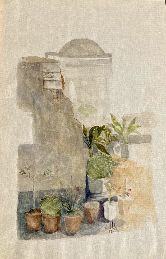 Architectural watercolor by Amundson: Artist: Allyn Amundson (American, 1934-1975). Title: Untitled, 1967. Watercolor on paper.. Signed and dated, lower right. Dimensions: 19" x 13" (sheet). Matted and framed under glass: 21" x 15". This 