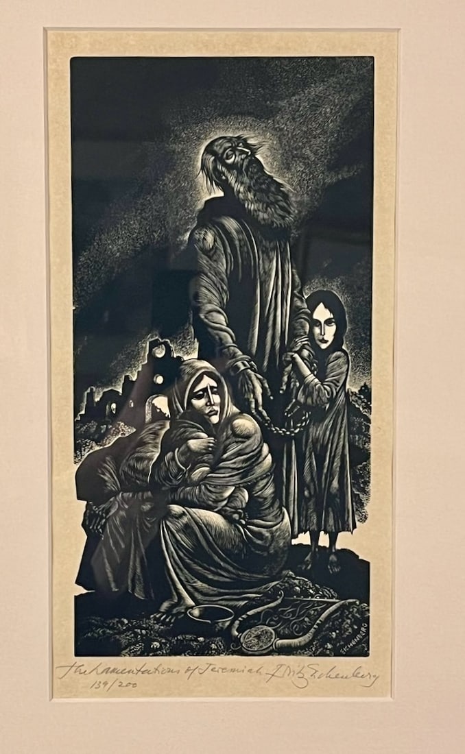 Master Printmaker Fritz Eichenberg Woodcut: Artist: Fritz, Eichenberg (American, 1901-1990). Title: The Lamentations of Jeremiah, 1955. Woodcut. Signed, titled and numbered '139/200' in pencil, lower margin. Dimensions: 13 1/2" x 7 1/2" (sheet)