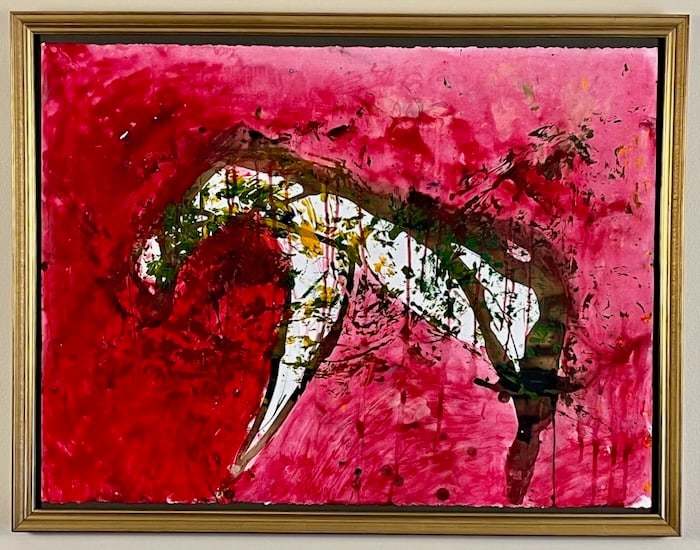 Mystery Red Horse Watercolor: Artist: Unknown. Title: The Red Horse. Signed illegibly and dated '2013', lower right.Dimensions: 14" x 20". Matted and framed under glass: 16" x 22". Mystery watercolor? In the gallery business, we a