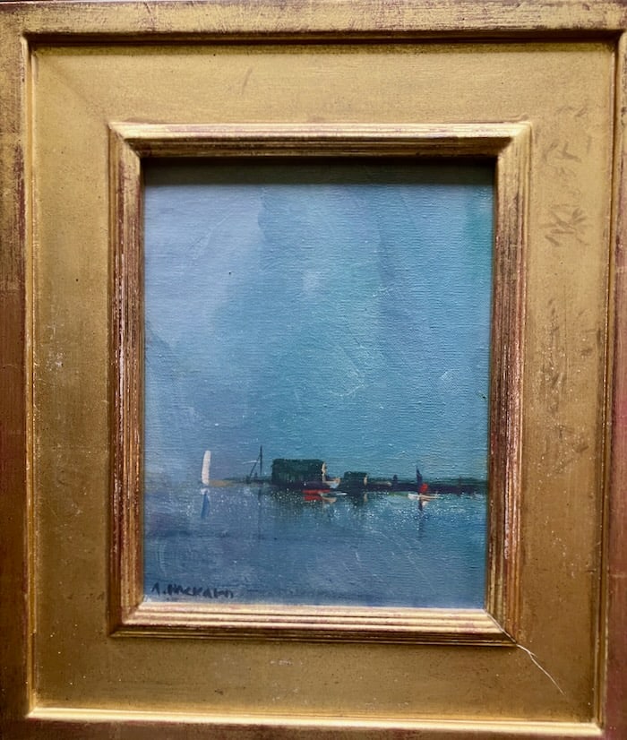 Provincetown Pier by Anne Packard: Artist: Anne Packard (American, b. 1933). Title: Provincetown Pier, 2005. Oil on canvas. Signed lower left. Signed, titled and date on canvas, verso. Dimensions: 10" x 8". Housed in Guido gold leaf fr