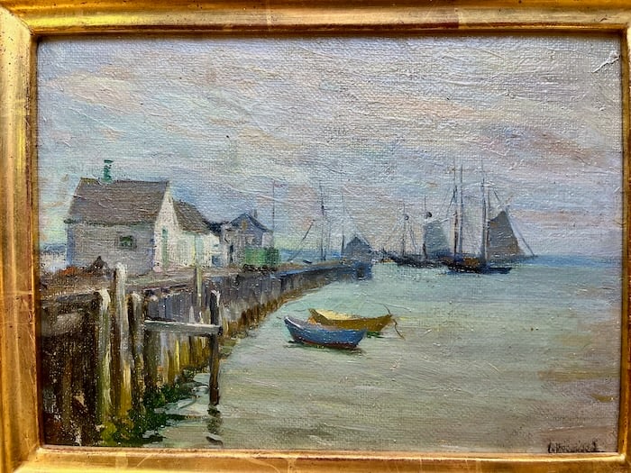 Provincetown Pier by Providence School Master Mabel Woodward: Artist: Mabel May Woodward (American, 1877-1945). Title: The Long Pier, Provincetown. Oil on board. Signed lower right. Titled on backing verso. Dimensions: 8" x 10 1/2"; Framed: 12" x 15". Mabel Wood