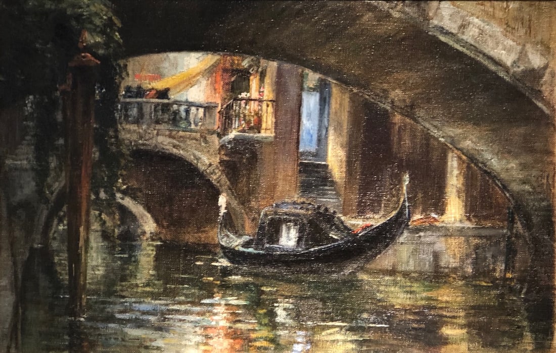 Venetian Scene by historic RI artist: Artist: Walter Francis Brown (American, 1853-1929). Title: Gondolier on Venice Canal. Oil on canvas. Signed lower left. Dimensions: 16" x 24 1/2"; framed: 23 1/2" x 32".This painting captures a pictur