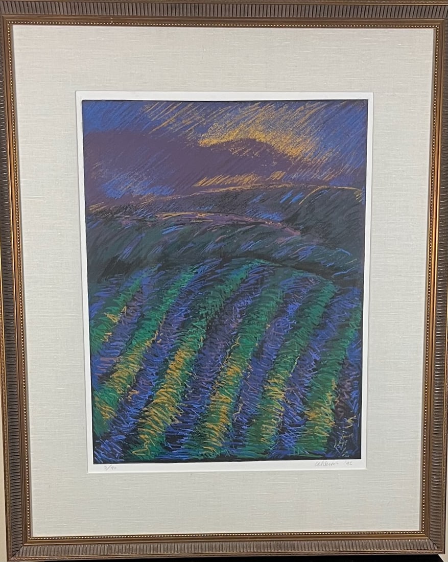 Large Color Silkscreen Landscape: Artist: Coqui Calderone (Panamanian, b. 1937). Title: El Valle, 1992. Medium: color silkscreen. Signed and dated, lower right. Edition number '8/90', lower left. Dimensions: 33 1/2" x 25" (sheet). Mat