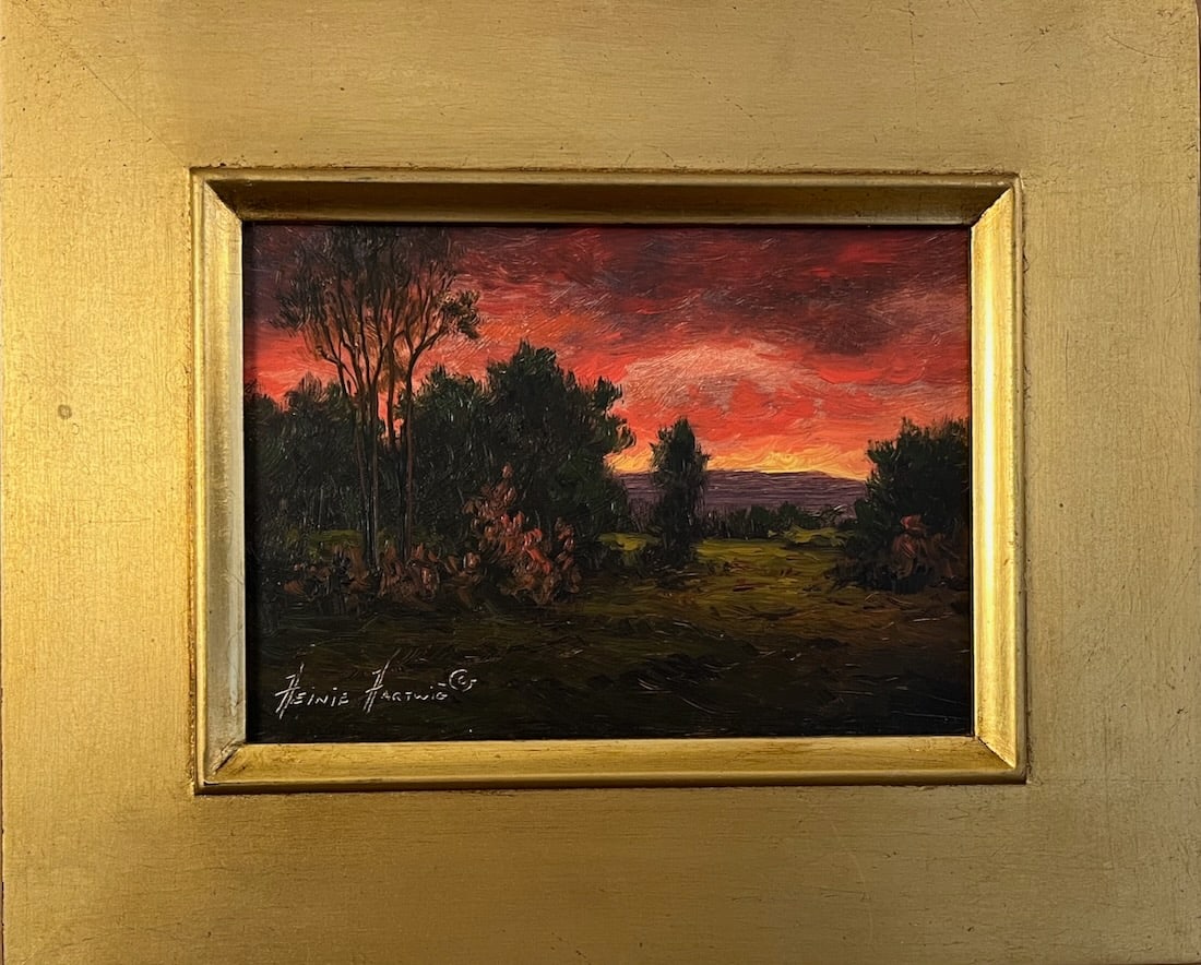 Burning Sky landscape by Hartwig: Artist: Heinie Hartwig (American, b. 1937). Title: The Burning Sky. Oil on board. Signed lower left. Dimensions: 5" x 7". Beautifully framed: 9" x 11". Hartwig is a contemporary artist who works and r