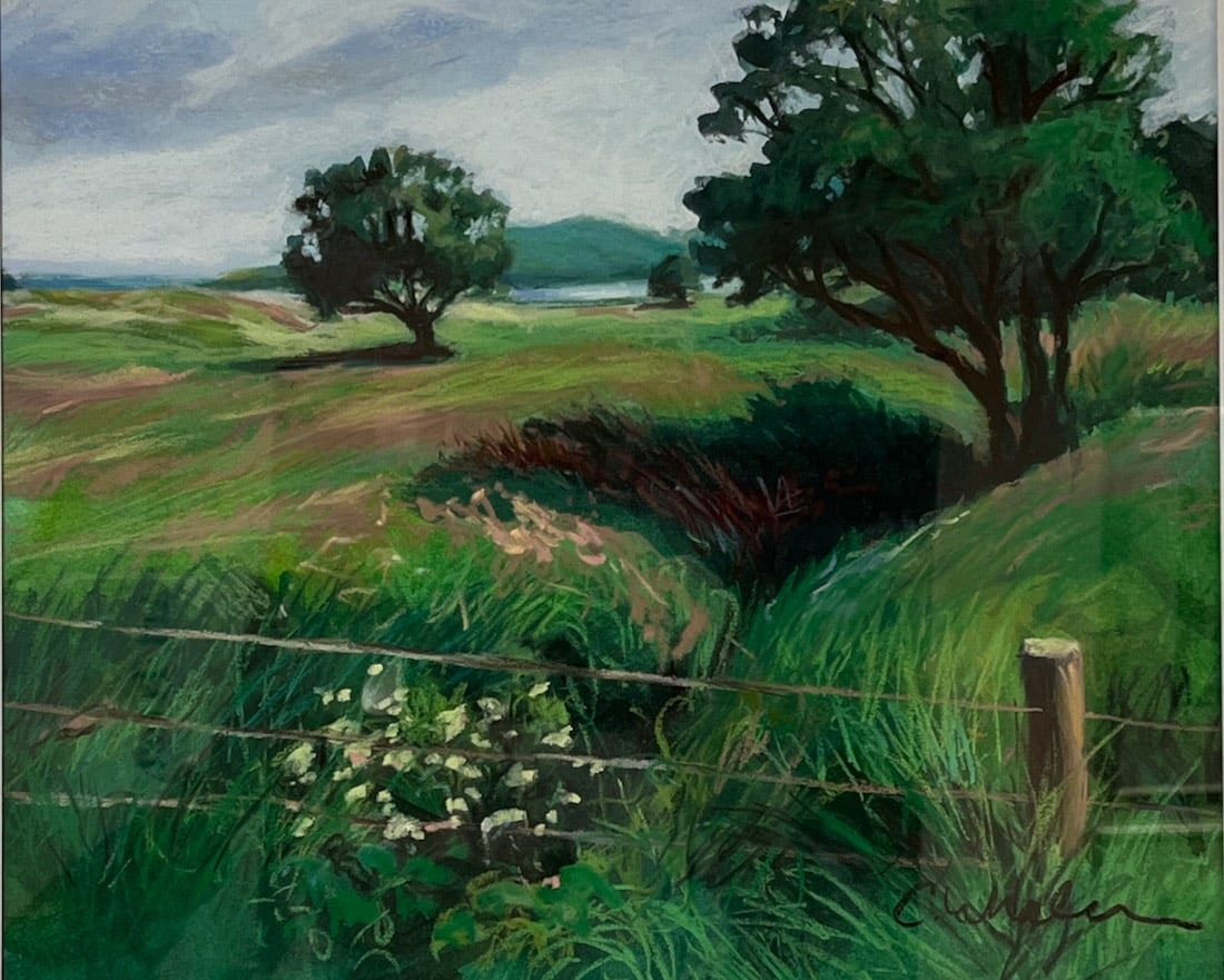 Vineyard Haven Pastel by Nelson: Artist: Cynthia Whalen Nelson (American, 20th Century), Title: Vineyard Haven. Pastel and watercolor on paper. Signed lower right. JRS Fine Art, Providence label with title verso. Dimensions: 11" x 13