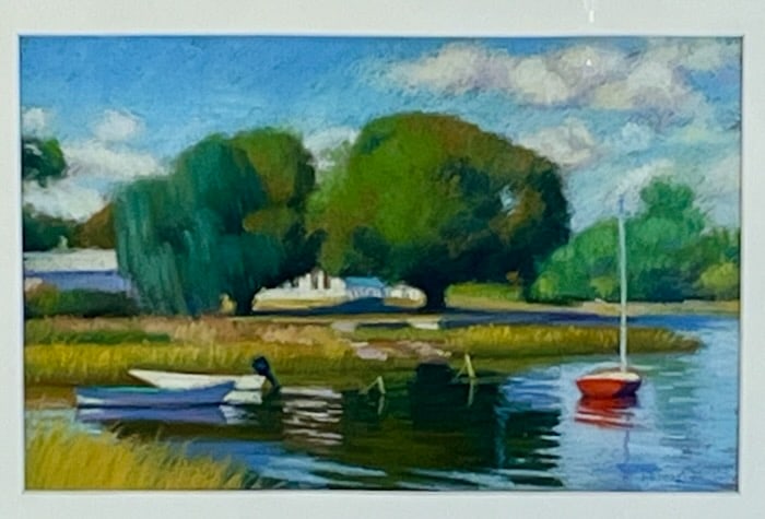 Seascape by New England artist: Artist: Kathleen Weber (American, 20th Century). Title: L'lil Red II. Pastel on paper. Signed lower right. Dimensions: 7" x 11". Matted and framed under glass: 12" x 16".A small red boat rests along t