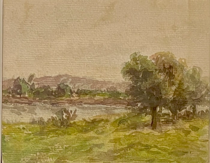 Small landscape watercolor by Horace Burdick: Artist: Horace Robbins Burdick (American, 1844-1942). Title: New England Landscape. Watercolor on paper. Dimensions: 4" x 5". Matted and framed under glass: 11" x 12".Burdick began his art career in P
