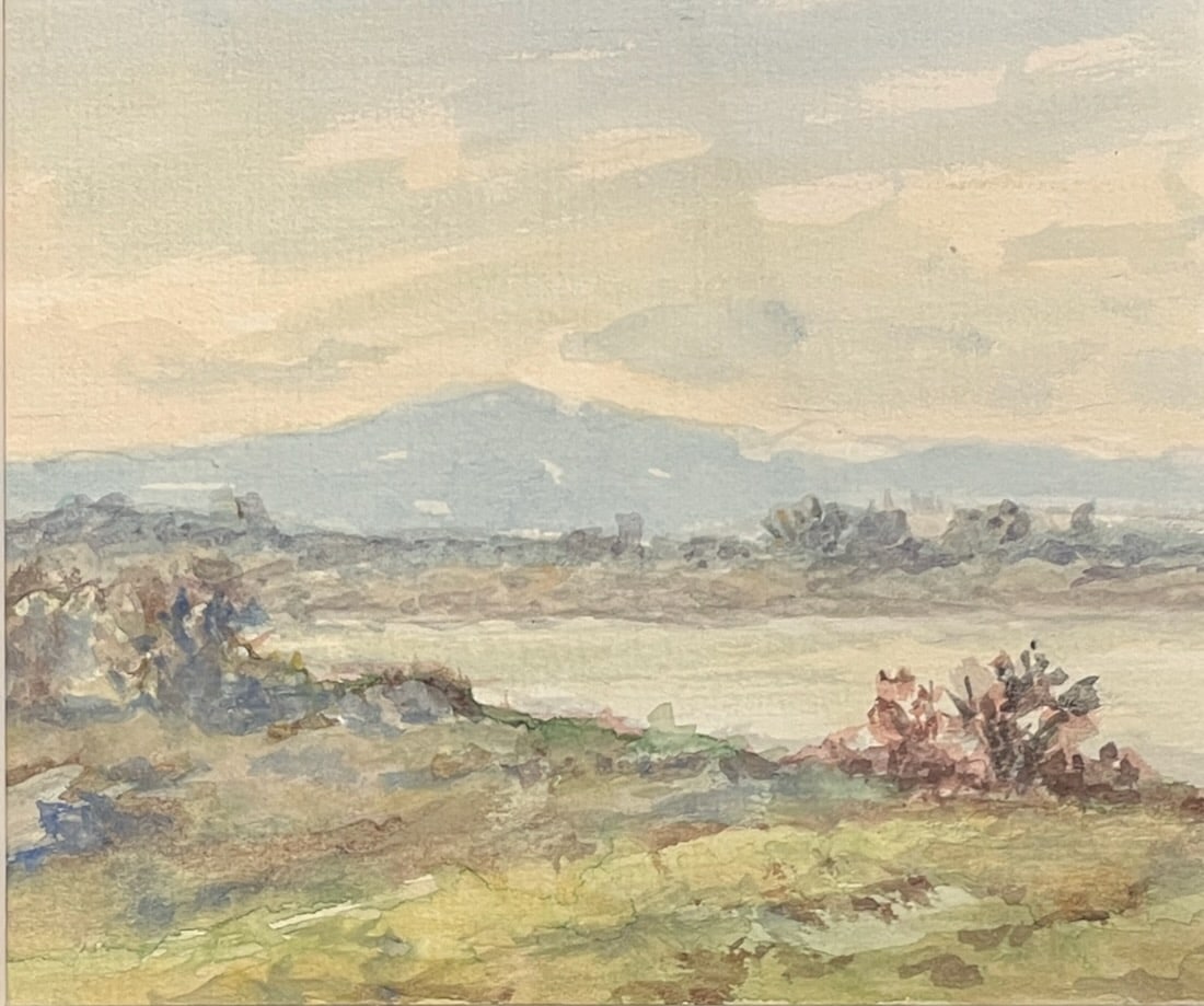 Small landscape watercolor by Horace Burdick: Artist: Horace Robbins Burdick (American, 1844-1942). Title: New England Landscape. Watercolor on paper. Dimensions: 5" x 7". Matted and framed under glass: 11" x 12".Burdick began his art career in P
