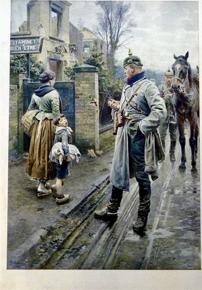Vintage WWI color lithograph by Fortunino Matania: Artist: Fortunino Matania (Italian, 1881-1963). Title: The Strongest. Color lithograph. Dimensions: 18" x 13". Matted and framed under glass: 28" x 22 1/2". This lithograph was produced from the origi