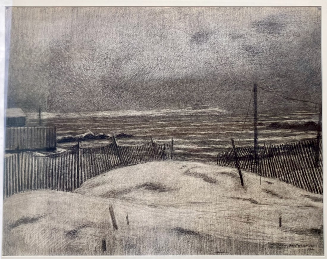 Westerly Beach Scene by Macomber: Artist: Stephen Macomber (1894-1983). Title Westerly Shoreline, 1966. Medium: charcoal on paper. Signed and dated lower right. Dimensions: 21 1/2" x 27 1/2". Matted and framed under glass: 31 1/2" x 3