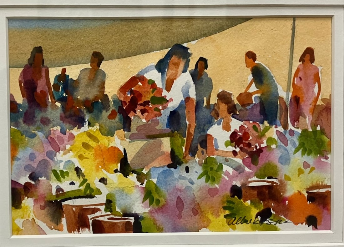 Providence Art Club Watercolor Stalwart: Artist: Al Albrektson (1919-2022). Flower Market. Watercolor on paper. Signed lower right. Dimensions: 6" x 8". Framed and matted under glass: 15" x 19". Rhode Island artist Al Albrektson enjoyed a