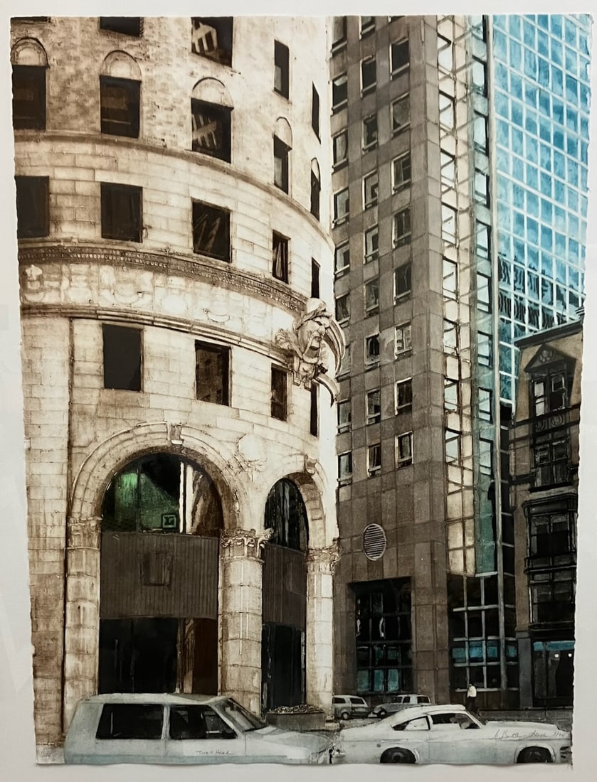 Iconic Providence's Turk's Head Building: Artist: Grace Bently Scheck (1937-2025). Turk's Head Building, Providence, 1994. Collograph. Signed and dated, lower right in pencil. Titled lower center. Edition number '1/100', lower left. Dimension