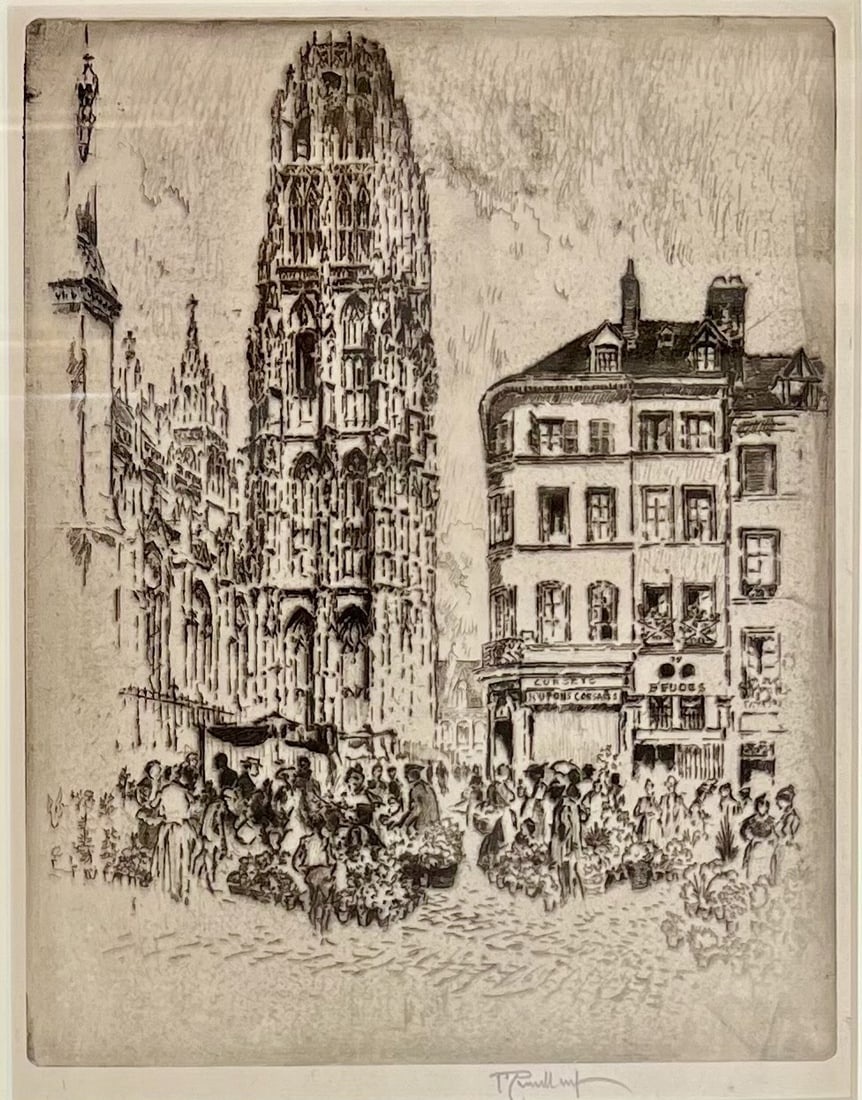 Master Etcher Pennell Rouen, France: Artist: Joseph Pennell (1857-1926). Flower Market and Butter Tower, Rouen. Etching. Signed in pencil, lower margin. Printed on antique laid paper. Dimensions: 11" x 8 1/2". Matted and framed under