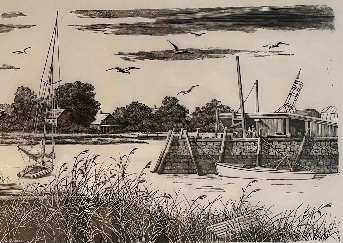 Grace Albee Master Woman Printmaker: Artist: Grace Albee (1890-1985). Title: Along the River Bank, 1969. Woodcut. Signed in plate, lower right. Dimensions: 6" x 8 5/8". Matted and framed under glass: 16" x 19". Exhibited at RI