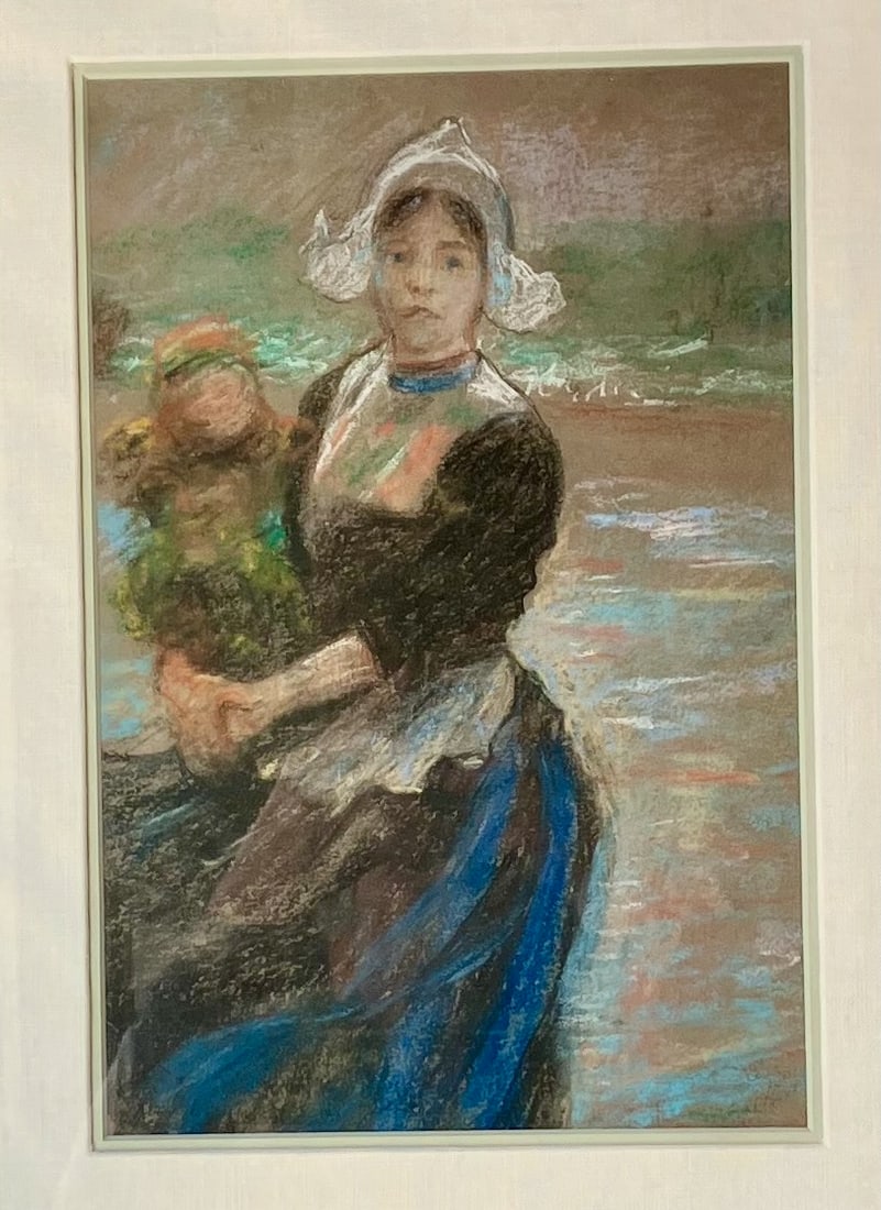 Dutch Mother and Child- George Hitchcock or S.R. Burleigh?: Title: Dutch Mother and Child. pastel on paper. Signature not visible. Dimensions: 13 1/2" x 9". Matted and framed under glass: 19" x 14 1/2". This charming pastel depicts a young Dutch mother and