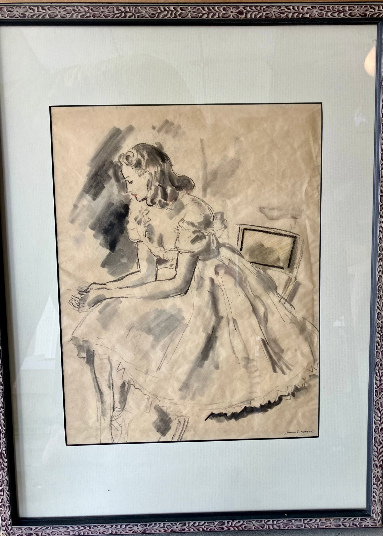 J.D. Herbert's Off Stage Ballerina: Artist: James Drummond Herbert (American, 1896-1970). Title: Ballerina #1 Off Stage, c. 1930. Watercolor and charcoal. Signed with estate stamp, lower right. Dimensions: 16" x 13". Matted and framed