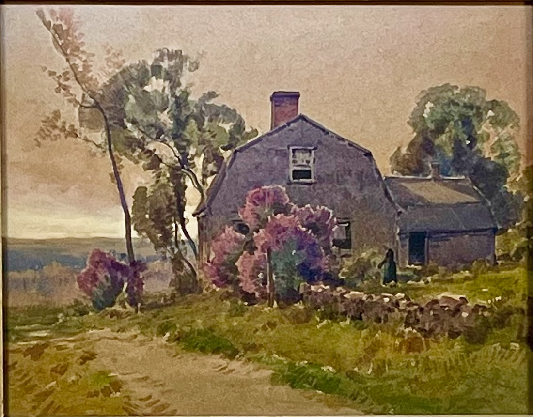 Providence School artist H.A. Dyer New England Homestead: Artist: H. Anthony Dyer (1872-1943). Title: New England Homestead. Medium: gouache on board. Signed. Dimensions: 11" x 15". Framed under glass: 16" x 20". Providence artist H. Anthony Dyer was an