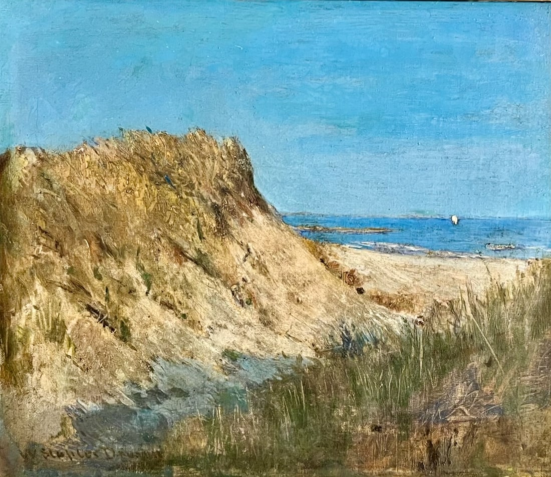 Providence School artist W. Staples Drown: Artist: Walter Staples Drown (American, 1856-1915). Title: Cape Cod Dunes. Oil on canvas. Signed lower left. Tilden & Thurber Co. Art Gallery label verso. Dimensions: 12" x 14". Framed: 20" x 24".