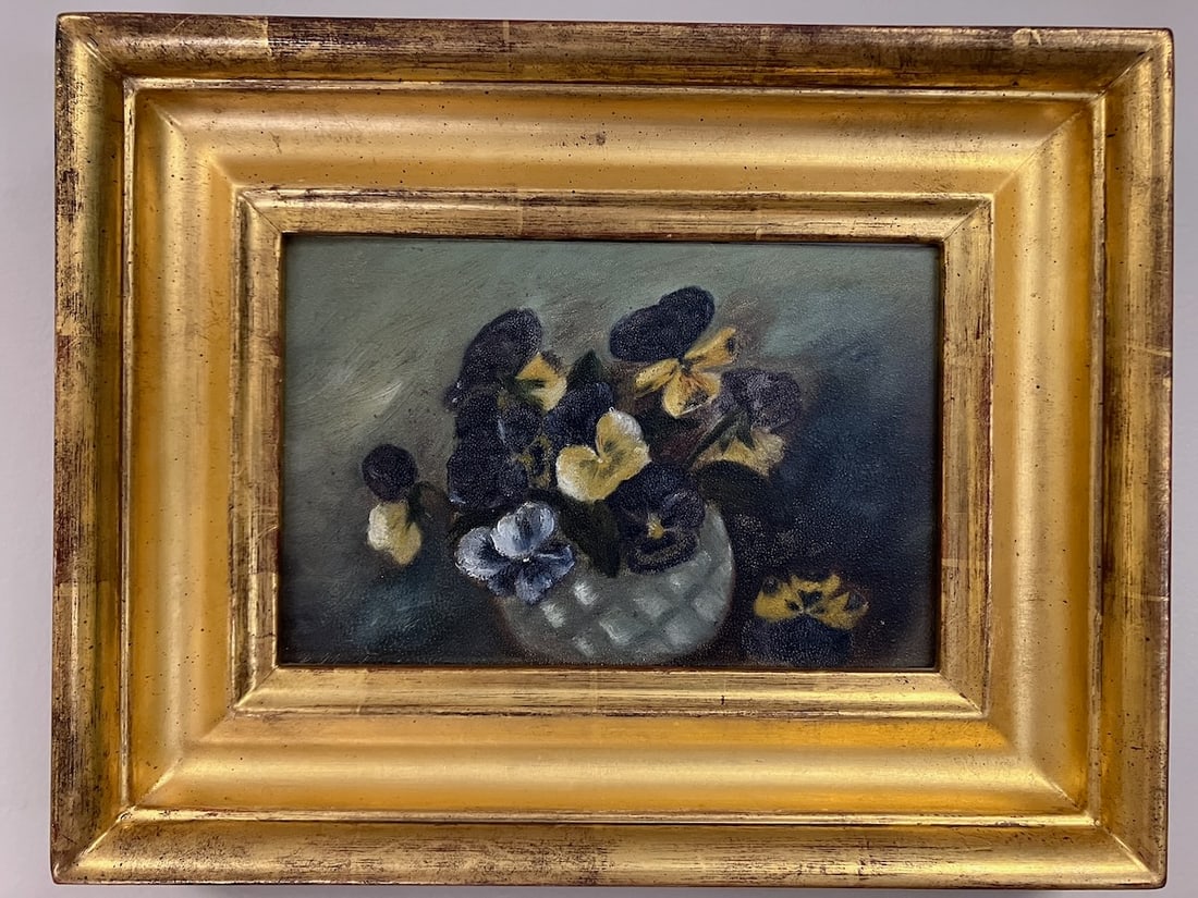 American School Still Life: Title: Bowl of Pansies. Oil on wood panel. Unsigned. Dimensions: 6 1/2" x 9 1/2". Housed in gold leaf frame: 11" x 14". This charming little American still life celebrates the pansy, one of the most