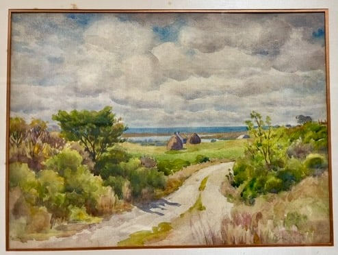 Providence School artist Frank Mathewson South County scene: Artsist: Frank Convers Mathewson (1862-1941). Title: South County landscape. Watercolor on paper. Signed lower right. Dimensions: 12" x 16". Matted and framed under glass: 17" x 21". Rhode Island arti
