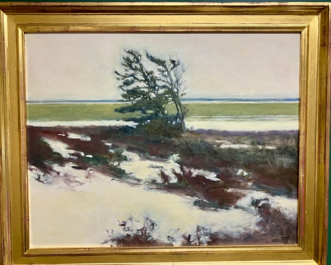 Landscape by New England artist Mike Davis: Artist: Michael E. Davis (American, b. 1955). Title: Windswept, 1993. Oil on canvas. Signed lower left. Signed, titled and dated on stretcher bar, verso. Dimensions: 24" x 30". Framed: 28" x 32". Mich