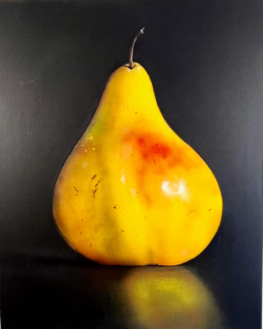 Photo Realist Pear painting by Seghi: Artist: Tom Seghi (American, 1942-2011). Title: Poised Pear, 1996. Oil on canvas. Signed and dated, verso. Dimensions: 30" x 24". Tom Seghi is best known for his striking photorealist paintings of fru