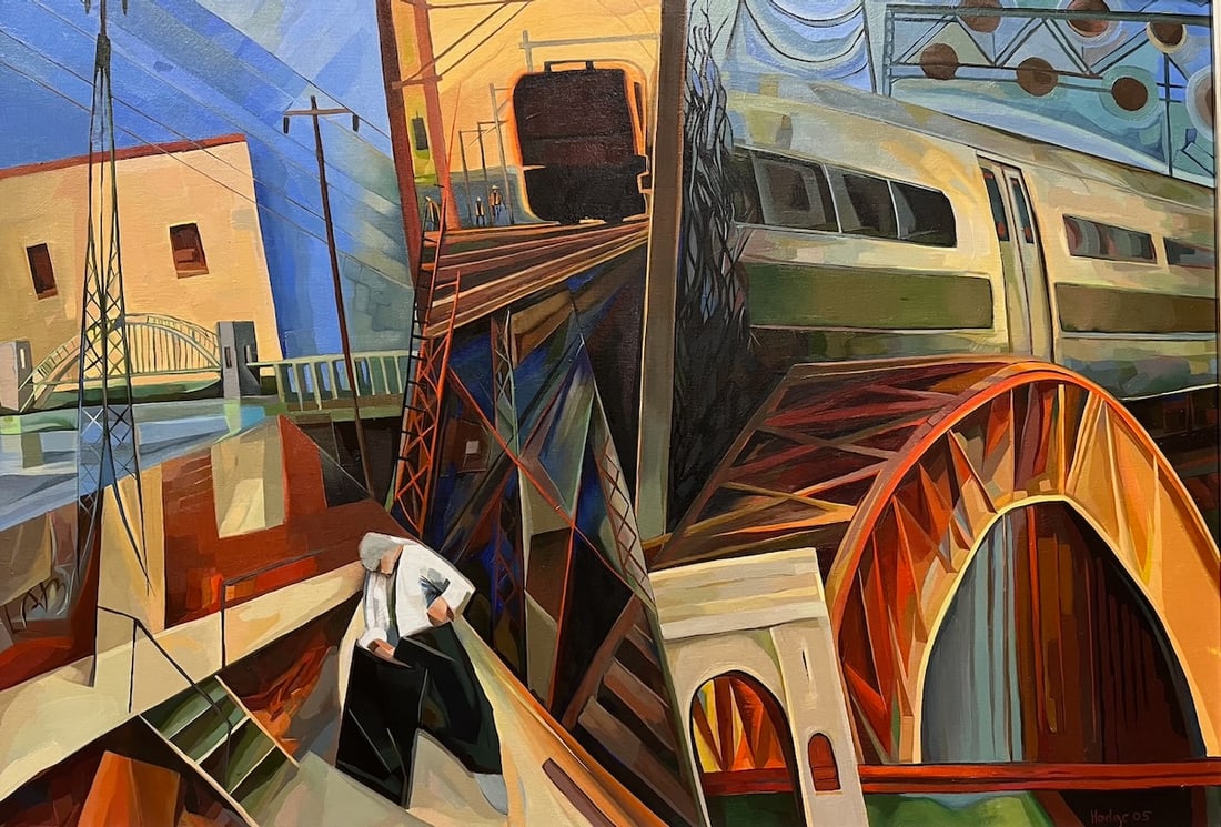 Providence to NYC Amtrak Fleeting View: Artist: Kathy Hodge (American, b. 1958). Title: Providence to NYC, 2018. Oil on board. Signed lower right. Dimensions: 24" x 34". Framed: 28" x 38". Rhode Island artist Kathy Hodge is known for expres