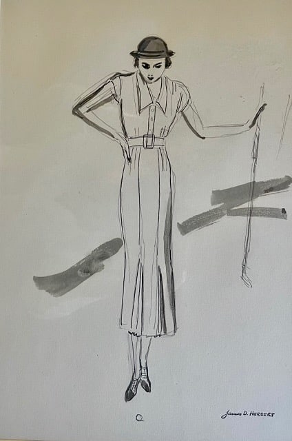 1940s Fashion Drawings by J.D. Herbert: Artist: James Drummond Herbert (1896-1970). This lot contains two fashion illustrations done in watercolor and graphite from the early 1940s. Each work is signed with the artist's estate stamp and mea