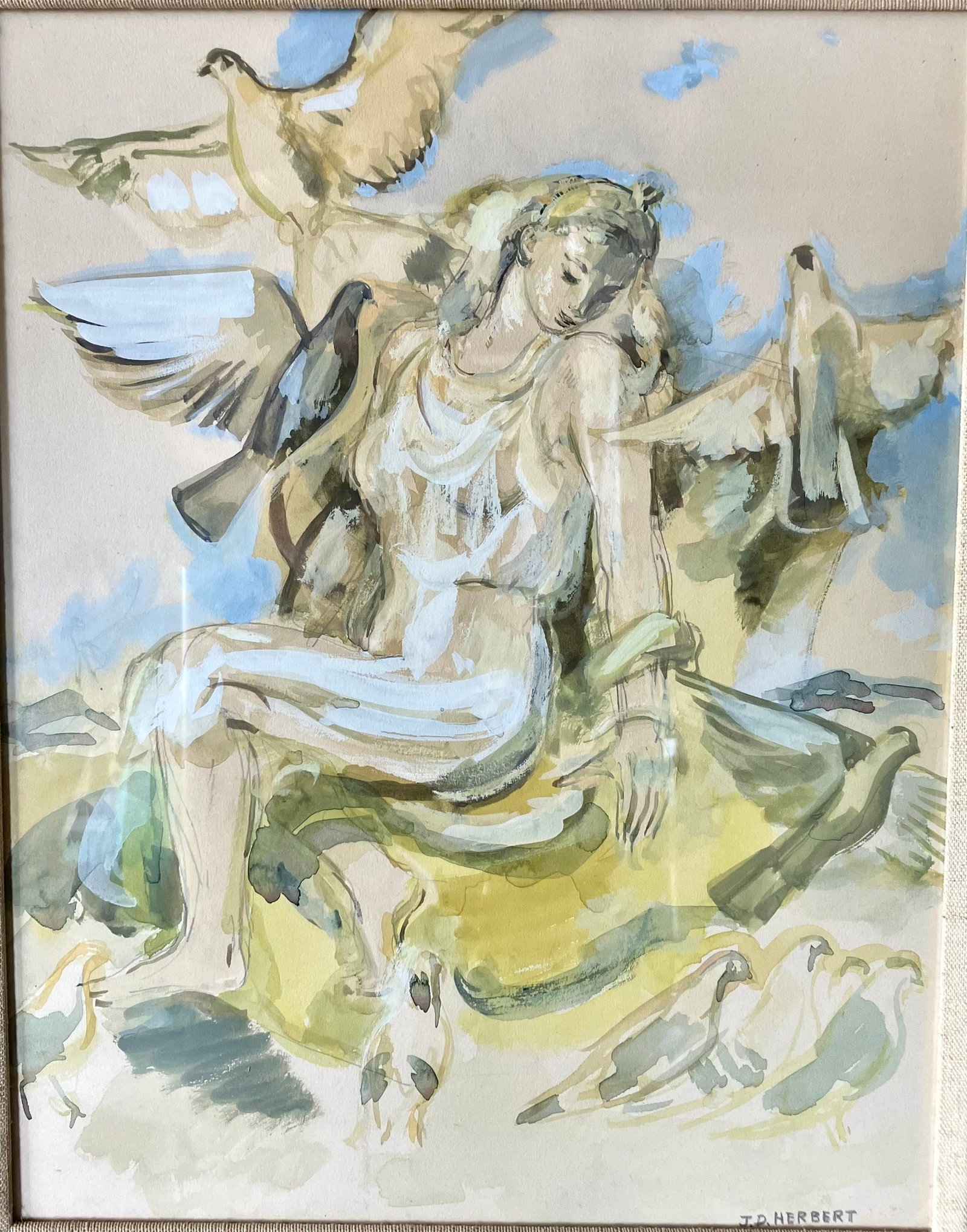 Herbert Mythology work: Artist: James Drummond Herbert (1896-1970). Title: Venus and her Doves. Watercolor on board. Signed with estate stamp lower right. Bert Gallery exhibition label verso. Dimensions: 14" x 11". Matted