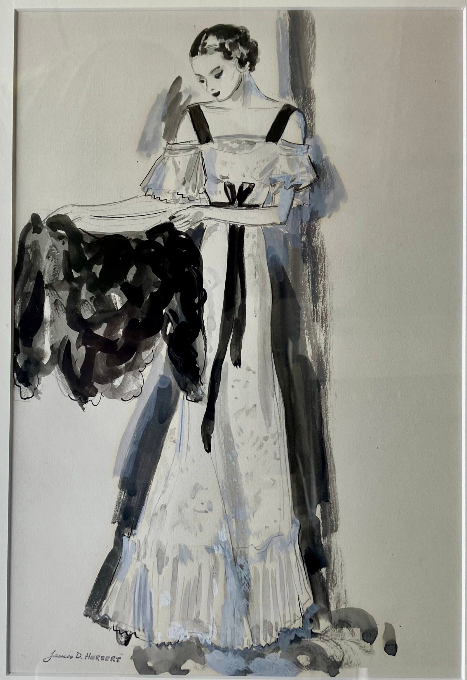 Pair of Fashion Illustrations by Herbert: Artist: James Drummond Herbert (1896-1970). This lot contains two fashion illustrations in watercolor by Herbert from the early 1940s. Each work is signed with the estate stamp. One illustration measu