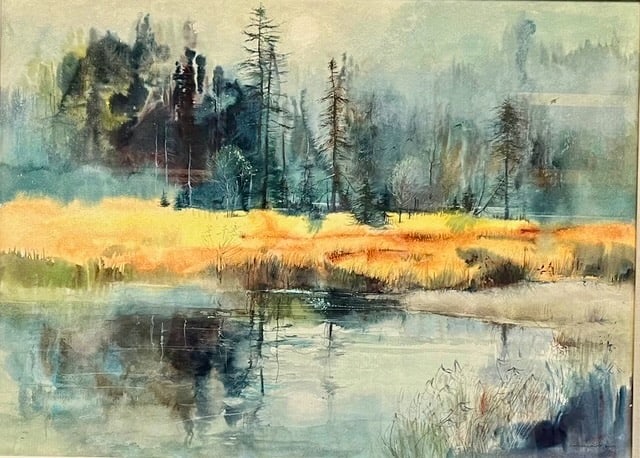 Connecticut Landscape: Artist: Harvey Whitney Kidder (American, 1918-2001). Title: Fall Landscape, Connecticut, 1972. Watercolor on paper. Signed and dated, lower right. Dimensions: 26" x 36". Framed under glass: 32" x