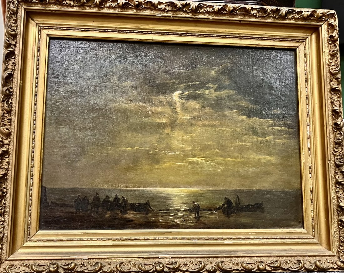 19th Century Genre Painting.: Title: Pulling up the Nets, early evening. Artist unknown. 19th Century oil on canvas. Housed in original frame. Metal joint keys dated 1885. Dimensions: 9 1/2" x 13". Framed: 12" x 16". This