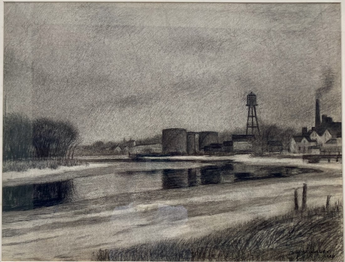 Westerly Rhode Island by Macomber: Artist: Stephen Macomber (1894-1983). Title: Westerly Rhode Island, 1968. Medium: charcoal on paper. Signed and dated, lower right. Dimensions: 18" x 23". Matted and framed: 28 1/2" x 33 1/2". Provena