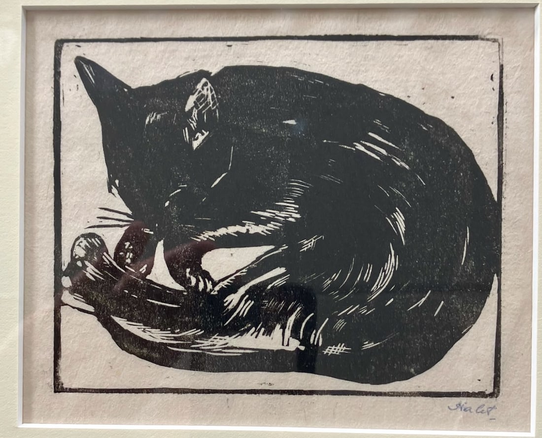 Woodcut by H. Halit: Artist: Huseyin Halit (Turkish/American, 1898-1978). Title: Sleeping Cat. Medium: woodcut. Signed in pencil, right lower margin. Dimensions: 5" x 5 3/4". matted and framed under glass: 9 3/4" x 10